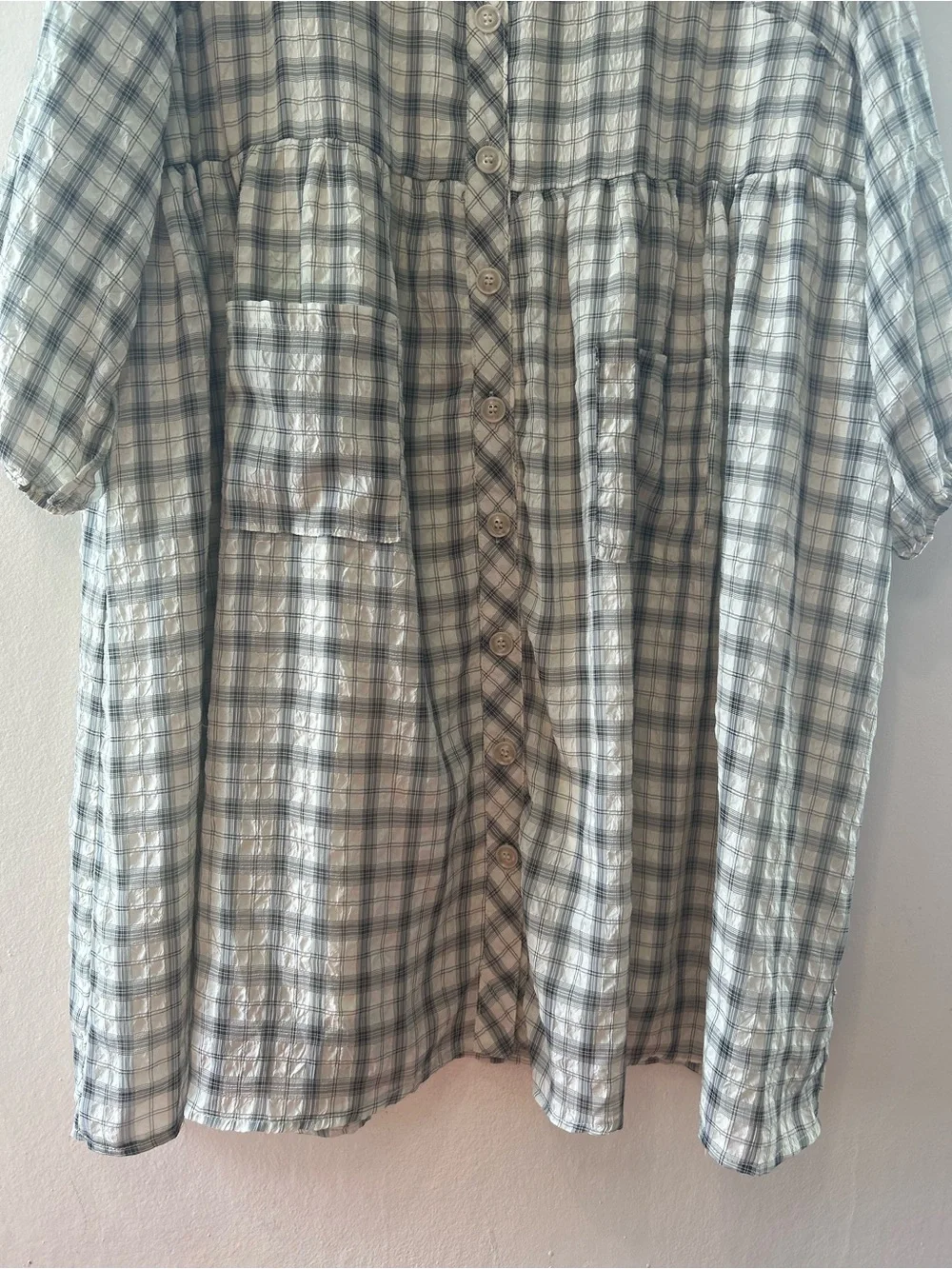 Sage Green Plaid 2XL Puff Sleeve Dress Cottagecore Button Front Prairie Pockets